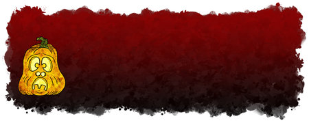 illustration of hand drawn cartoon halloween pumpkin with black and red banner background and copy spaceの写真素材