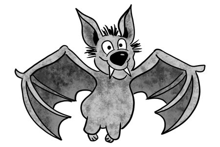 illustration of a hand drawn flying cartoon bat with white backgroundの写真素材