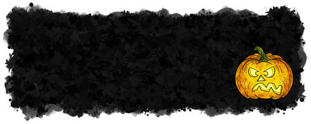 illustration of hand drawn cartoon halloween pumpkin with black banner background and copy spaceの写真素材