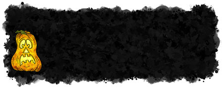 illustration of hand drawn cartoon halloween pumpkin with black banner background and copy spaceの写真素材