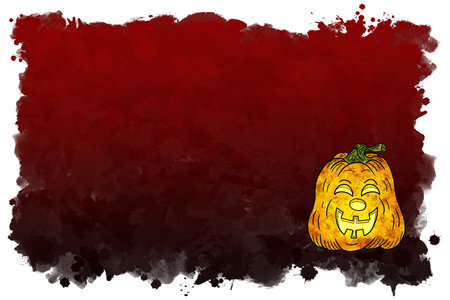 illustration of hand drawn cartoon halloween pumpkin with black and red banner background and copy spaceの写真素材