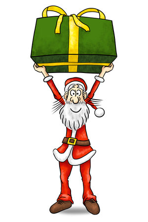 hand drawn illustration of cartoon Santa Claus holding up a Christmas present over his head on white backgroundの写真素材