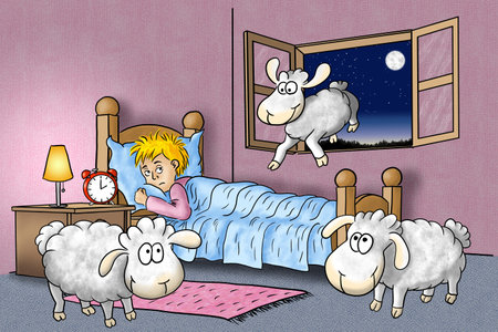 hand drawn illustration of sheep jumping over bed of a sleepless manの写真素材
