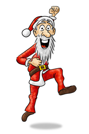 Hand drawn illustration of cartoon Santa Claus jumping for joy on white backgroundの写真素材
