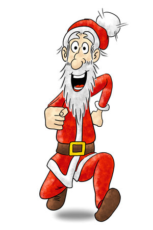 Hand drawn illustration of cartoon Santa Claus running towards you on white backgroundの写真素材