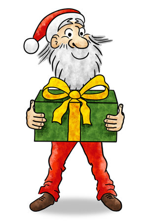 Hand drawn illustration of cartoon Santa Claus holding a gift in his hands on white backgroundの写真素材