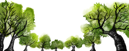 row of green trees in wide angle, hand drawn illustration in pencil and watercolorの写真素材