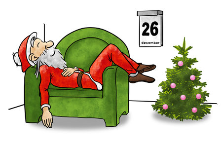 Hand drawn illustration of cartoon Santa Claus sleeping on armchair after day's work is done, on white backgroundの写真素材