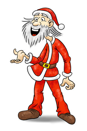 Hand drawn illustration of cartoon Santa Claus presenting something on white backgroundの写真素材