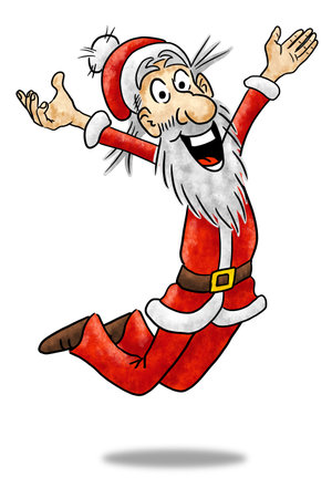 Hand drawn illustration of cartoon Santa Claus jumping for joy on white backgroundの写真素材