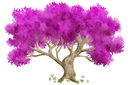 Watercolor illustration of hand painted pink fantasy tree on white backgroundの写真素材