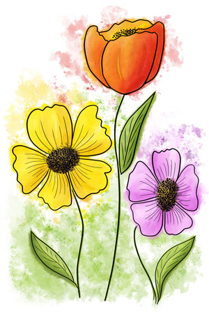 illustration of three colorful flowers in watercolor on white backgroundの写真素材