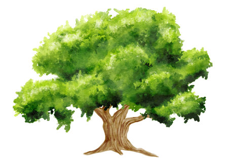 Watercolor illustration of hand painted green tree on white backgroundの写真素材