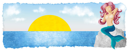 illustration of banner with mermaid sitting on rock in sunset with sea and skyの写真素材