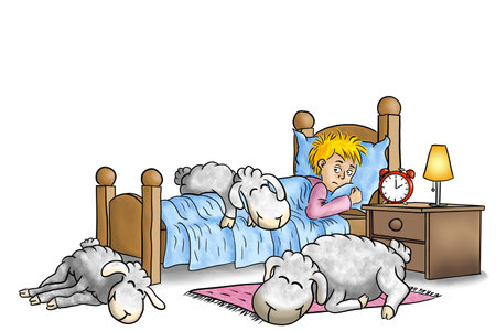 hand drawn illustration of sheep falling asleep on bed of sleepless manの写真素材