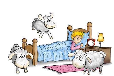 hand drawn illustration of sheep jumping over bed of a sleepless manの写真素材