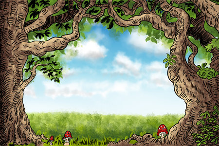 illustration of a frame formed by cartoon trees for copy space with landscapeの写真素材
