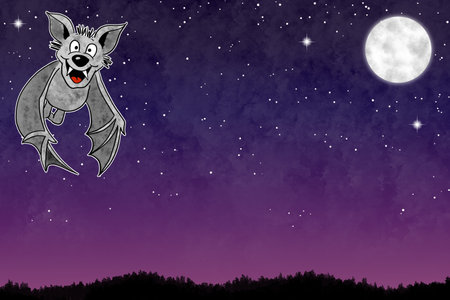 illustration of a hand drawn cartoon bat in night sky with copy space and starsの写真素材