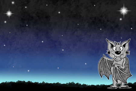 illustration of a hand drawn presenting cartoon bat in night sky with copy space and starsの写真素材