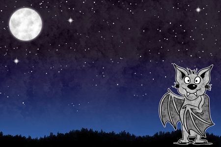 illustration of a hand drawn presenting cartoon bat in night sky with copy space and starsの写真素材
