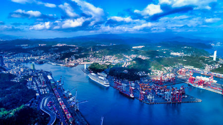 November 10, 2017, Aerial view of Keelung Port, Keelung, Taiwan.のeditorial素材