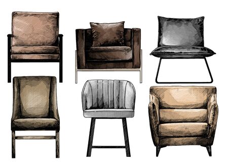 set of chairs view straight in loft style, sketch vector color graphics isolated on white backgroundの写真素材