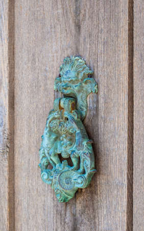 Door handle in shape of lion head. Vintage door handle on wooden doorの写真素材
