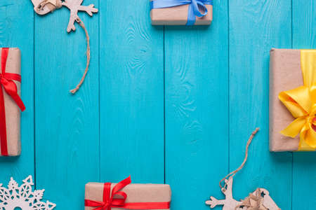 Blue wooden planks. Vintage background for congratulation. Christmas gifts. Holiday gift.の写真素材