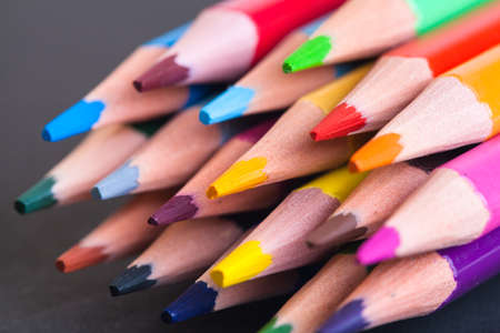 Colored pencils on the whole picture. Bright colored pencils. Colored pencils macro.の写真素材