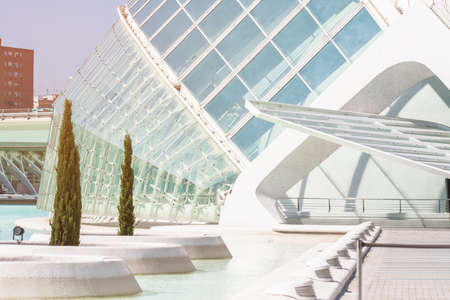 Stylish, modern, white building of glass and concrete. Transparent dome structure of glass.の写真素材