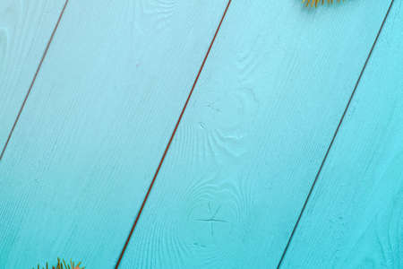 Branch of Christmas tree on a wooden Board. New year symbol on blue background. Your text on blue wooden boards. Rotated view with flashの写真素材