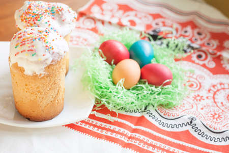 Beautifully decorated cupcakes in a plate. Easter cakes on a plate and the bright colored Easter...
