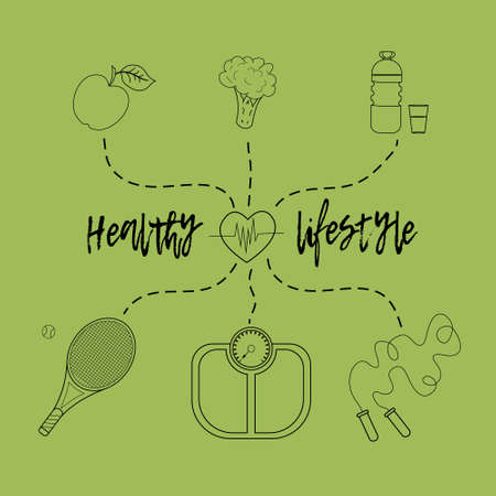 Vector illustration on the theme of a healthy lifestyle to advertise the website. Infographics on sports and healthy eating. Diet food and sports activities.のイラスト素材