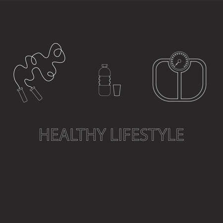 Flat icons vector illustration on a healthy lifestyle theme for advertising on a dark background site. Infographics on healthy eating and active lifestyle for banner screensavers drawn in chalk.16.14のイラスト素材