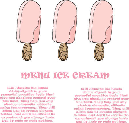 Template for a menu of ice cream in the cafe. Vector illustration of pink ice cream on a stick on an isolated background. Place to write the composition of the product, its cost and name. 02のイラスト素材