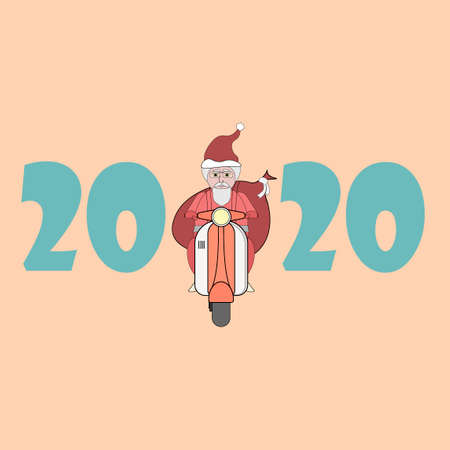 Santa Claus rides a retro scooter with a bag of gifts behind his back. Christmas greeting card. New...