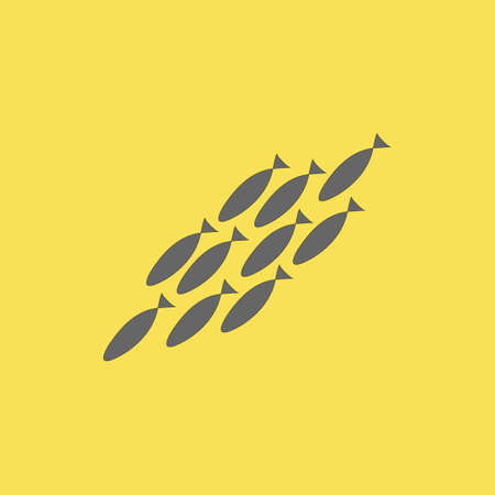 Silhouette of a flock of gray fish diving on a yellow background. Coloring on the theme of marine fauna. Vector illustration of sea animals for printing on textilesのイラスト素材