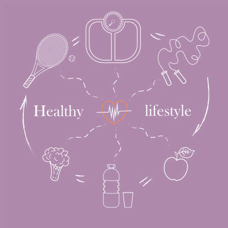 Vector illustration set on the theme of a healthy lifestyle to advertise the website. Infographics on sports and healthy eating. Diet food and sports activities.2のイラスト素材