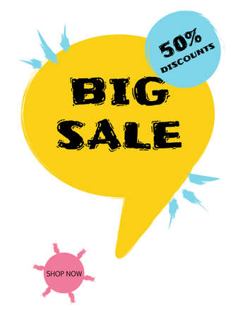 Creative design of the advertising company. The inscription Sale on a yellow figure on a white background. Graphic design with geometric shapes. Banner for a site with space for text.のイラスト素材