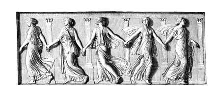 Victorian engraving of a  frieze depicting dancing girls. Digitally restored image from a mid-19th century Encyclopaedia.の写真素材