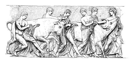 Victorian engraving of afrieze depicting an ancient Greek religious sacrifice. Digitally restored image from a mid-19th century Encyclopaedia.の写真素材