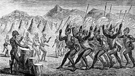 Victorian engraving of indigenous African warriors dancingの写真素材