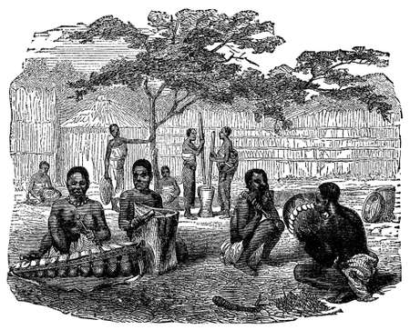 Victorian engraving of indigenous African musiciansの写真素材