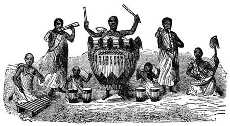 Victorian engraving of indigenous African musiciansの写真素材
