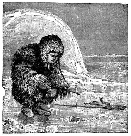 Victorian engraving of an inuit ice fishingの写真素材