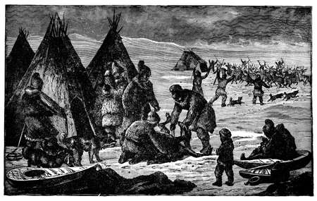 Victorian engraving of an Inuit hunting campの写真素材