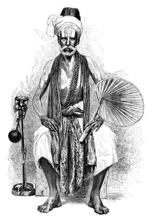 Victorian engraving of a traditional mendicant, India. Digitally restored image from a mid-19th century Encyclopaedia.の写真素材