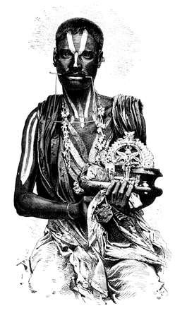 Victorian engraving of a Hindu Fakir, India. Digitally restored image from a mid-19th century Encyclopaedia.の写真素材