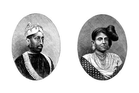 Victorian engraving of a wealthy Indian husband and wife. Digitally restored image from a mid-19th century Encyclopaedia.の写真素材