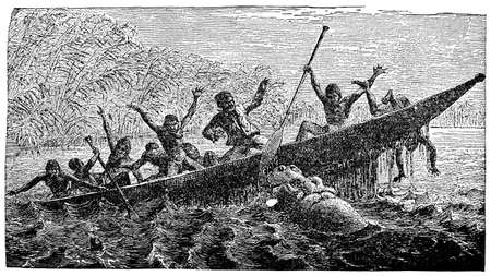 Victorian engraving of a hippo attacking a canoeの写真素材